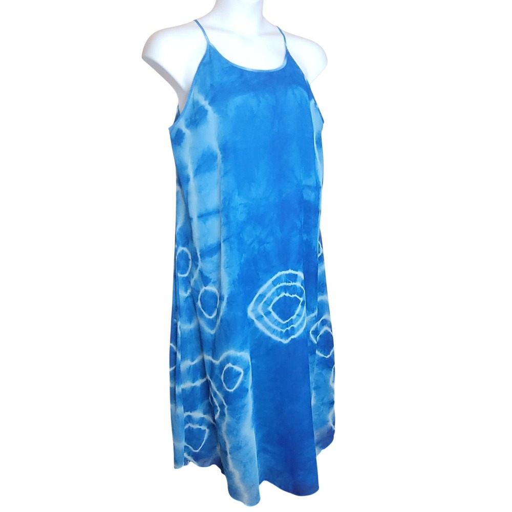 VTG Hokus Pokus Tie Dye Chiffon Artsy Dress 3X Blue Midi 90s Godess Boho Beach